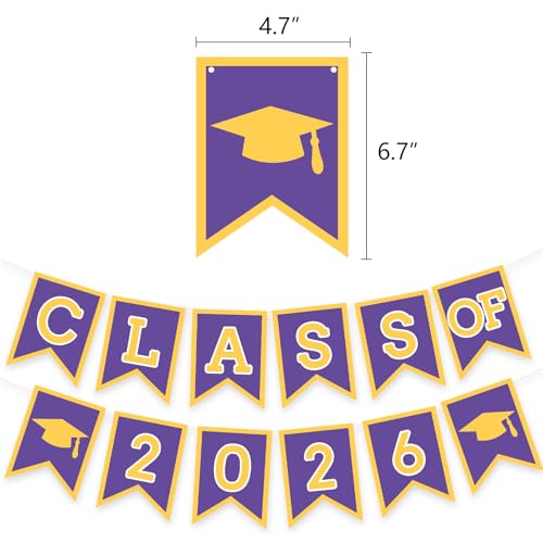 Image of Purple Yellow Graduation Party Decoration Class Banner Hanging Pom Poms Flowers High School College Grad Supplies