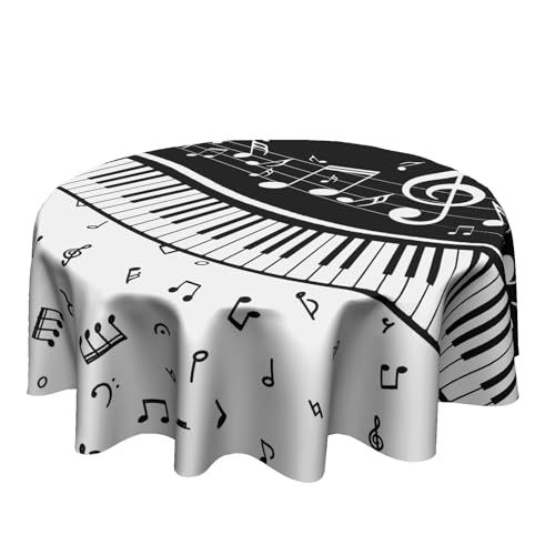 Granbey Music Round Tablecloth 60 Inch - Classic Piano Table Cloth Black White Musical Instrument Table Covers for Kitchen Patio Outdoor Picnic Party