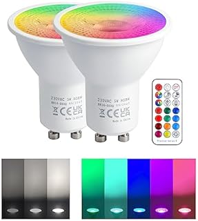 REYLAX GU10 Colour Changing LED Bulbs Dimmable 50 Watt Equivalent with Remote 5W GU10 Spotlight Cool White 12 Colours RGB Spot Lights 5 Modes Timer for Atmosphere and Daily Lighting Pack of 2