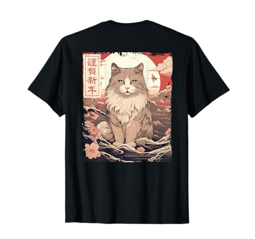 Gatto giapponese tramonto con grande onda e fiore di ciliegio