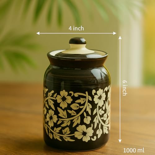 Image of D'Maiolica Pickle Jars in 1000ml (set of 2) | Handpainted Floral Pattern 1 kg Achaar Martban | Ceramic Container Set for Kitchen Storage (Pack of 2) (Black Floral Bale)