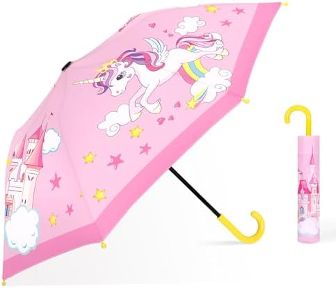 Kids Umbrella,Folding Travel Umbrella for Girls,Pink Toddler Umbrella with Safety Opening,Lightweight Umbrellas for Rain School,Unicorn Castle