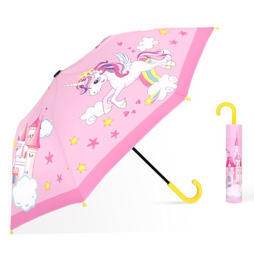 Image of Decalsweet Kids Umbrella,Pink Stick Umbrella for Girls Toddlers,Folding Children's Umbrella with Safety Opening,Lightweight Bubble Dome Umbrella for School Travel,Unicorn Castle