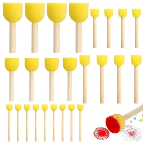 25 Pinceles de esponjas, Pinceles Redondos de Espuma para Pintura, Pinceles de Esponja para Pintura, Pinceles Redondos de Esponjas, Pinceles de Esponja con Mango de Madera