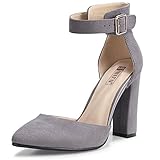 IDIFU Women's IN4 Pedazo High Block Heels Pumps Pointed Closed Toe Ankle Strap Dress Wedding Shoes (Gray Suede, 9 M US)