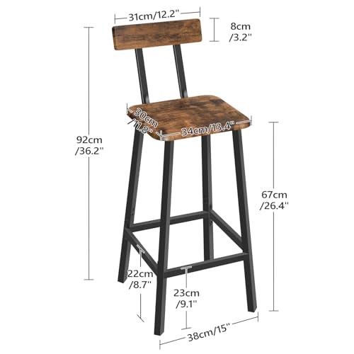 Image of MAHANCRIS Bar Stools, Set of 2 Bar Chairs with Backrest and Footrest, 26 inch Breakfast Chairs, Counter Stools for Bar, Living Room, Kitchen, and Dining Room, Rustic Brown and Black BAHR05101