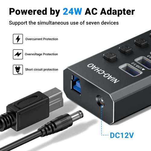 USB-Hub-30-Powered-NIAO-CHAO-7-Port-Powered-USB-C-Hub-with-Individual-Switches-12V-Power-Adapter-39-Long-Cable-USB-Expander-Hub-Splitter-for-MacBook-Air-ProMac-MiniiMac-All-Laptops-Desktops