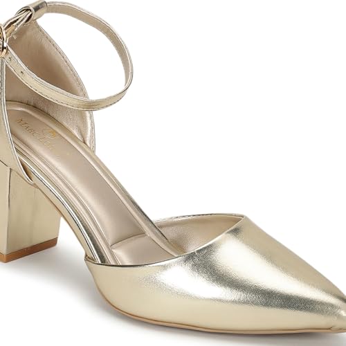 Image of Marc Loire Women's Pointed Toe Block Heel Pumps | Office & Party Shoes with Ankle Loop & Buckle Strap | Formal Footwear