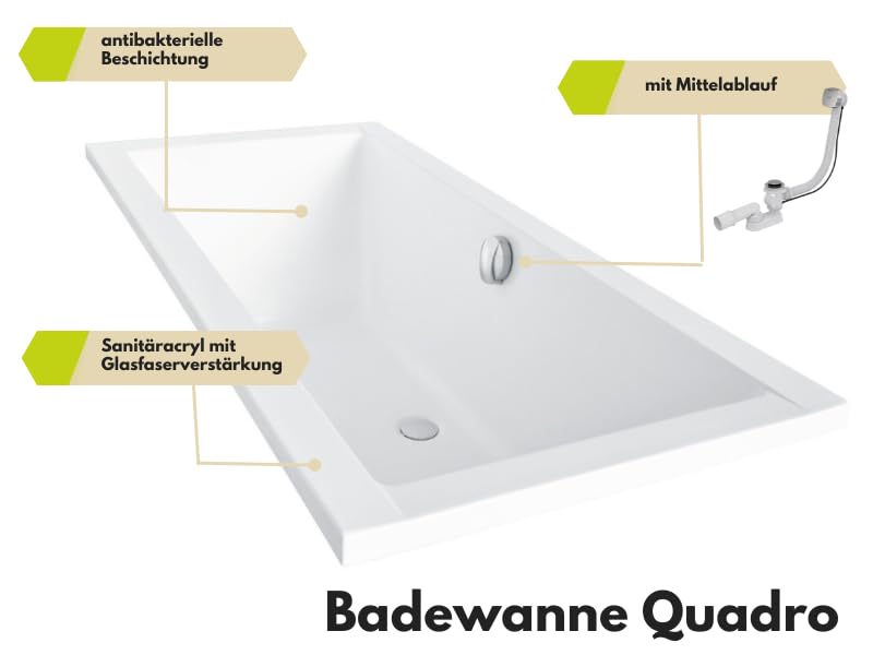 ECOLAM Badewanne Wanne Rechteck Quadro Design Acryl weiß 190x90 cm + Schürze Ablaufgarnitur Ab- und Überlauf Automatik Füße Silikon Komplett-Set, Rechteckbadewanne für zwei – Bild 7