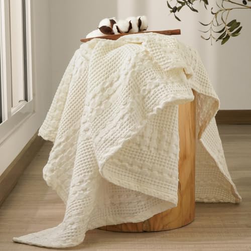 Image of PHF 100% Cotton Waffle Throw Blanket for Couch, Lightweight Breathable and Soft for Summer, Luxury Aesthetic Waffle Weave Blanket for Home Decor & Office, Gifts for Women, 50 inchx60 inch, Cannoli Cream