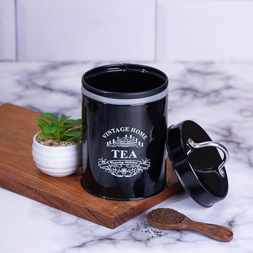 Image of Metallure Home Round Classic Tea Sugar Container Set of 2 | Metal Container for Kitchen Storage | Airtight Jar Set | Food-Safe Tea Jars for Kitchen (Black)
