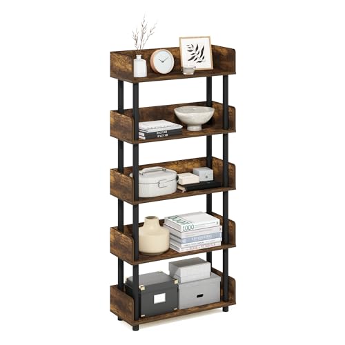 Image of Furinno TURN-N-TUBE 5-Tier Display Shelf, Storage Shelves, Book Shelf, Open Shelves with Rounded Corner Top Edges, for Organization and Storage, Living Room, Home Office, Amber Pine