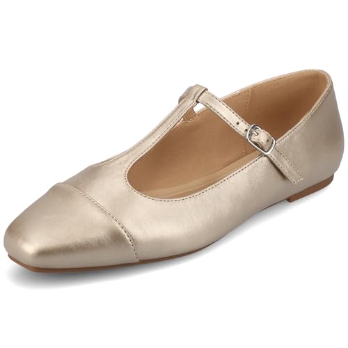 Journee Collection Womens Theah Mary Jane Buckle T-Strap Dress Flats Cushioned Two Tone Square Cap Toe Fashion Shoe