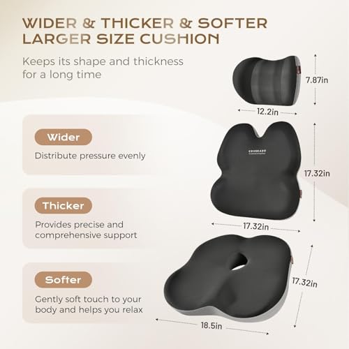 Image of Coverado Seat Cushions Neck Pillow Lumbar Support Pillow for Car, Memory Foam Office Chair Back Support Orthopedic Coccyx Cushion with Non-Slip Bottom Neck Butt Back Pillow for Chair Truck Gray&Black