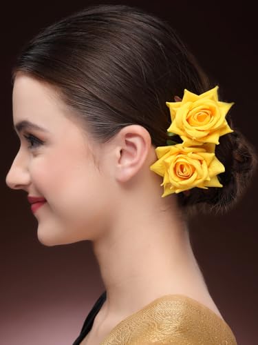 Image of Vogue Hair Accessories Rose Flower Pins Set Of 2 Yellow (Vha A 01)