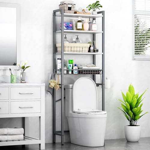 Kalrin Estantería para inodoro, 4 niveles ajustable, multifuncional, para baño, estante sobre el inodoro con cestas de almacenamiento, estantería para inodoro que ahorra espacio, fácil de montar (gris