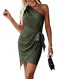 PRETTYGARDEN Women's Summer One Shoulder Ruched Bodycon Dresses Sexy Irregular Hem Mini Cocktail Party Belted Dress(Army Green, Small)