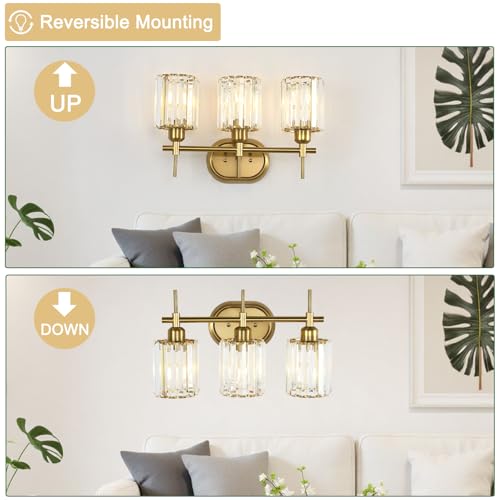 Image of Bathroom Vanity Light, 3-Light Brushed Gold Bathroom Light Fixtures, Modern Wall Sconces with Crystal Clear Shades, Wall Mounted Lamp Over Mirror for Bedroom Living Room
