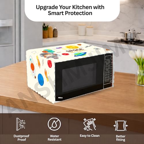 Image of Printed Microwave Oven Cover | Dustproof Waterproof Non-Slip Fabric Cover | Kitchen Decorative Appliance Protector | Kitchen Appliance Cover. (SpaceShip)