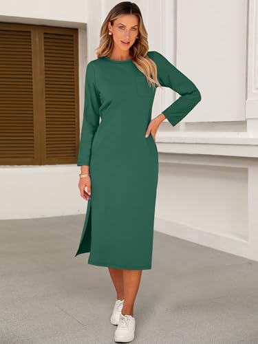 Image of ANRABESS Womens 3 /4 Sleeve Midi T Shirt Fall Dresses | Striped Solid Floral,Long Sleeve Slit Crew Neck &Chest Pocket,2026 Fall Outfits,Casual Travel Vacation Clothes,Summer Spring