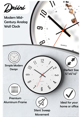Driini Modern Mid Century Analog Wall Clock (12") – Large, Easy To Read Numbers; Black Metal Frame – Battery Operated With Silent Sweep Hands – Contemporary Decor For Office, Living Room, Or Kitchen #TOP1