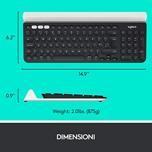 Logitech K780 Tastiera Wireless ‎‎2.4 GHz e Bluetooth Multidispositivo per Windows, Apple, Android o Chrome, PC/Mac/Laptop/Smartphone/Tablet, Layout Italiano QWERTY, Grigio ‎Scuro/Bianco