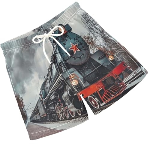Pigsaly Boys Swim Trunks 3D Old Black Soviet Steam Train Boys Board Shorts Swimsuit Swimwear Summer Bathing Suit 5T