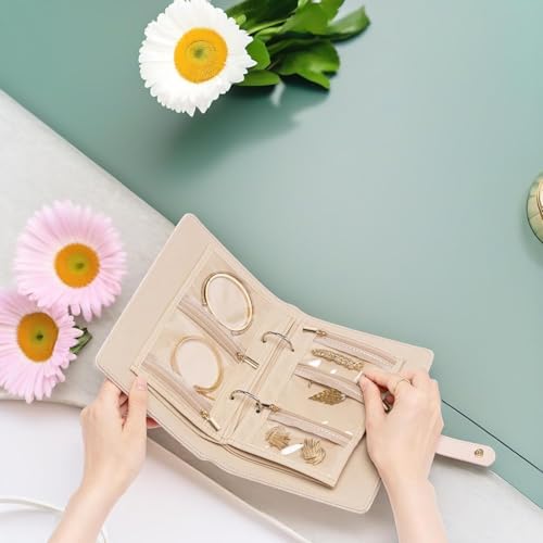 Image of Dangfly Travel Jewelry Organizer Book - Waterproof Leather Foldable Case with Adjustable Ring Binder & Transparent Pouches for Necklaces, Earrings, Bracelets, Rings - Gift for Women (1Pcs)