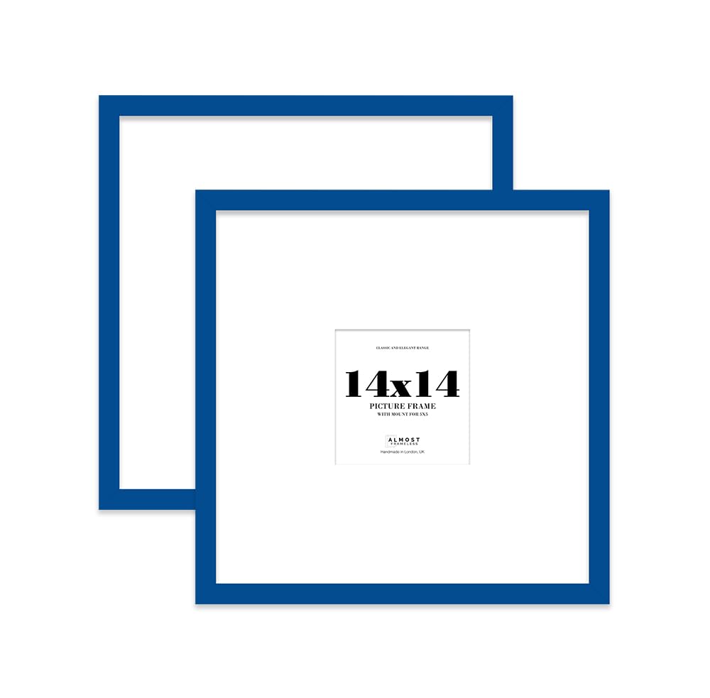 14x14 Blue Picture Frame with Large Mount for 5x5 Photos, Prints - Modern Square Wall Frame, Set of 2