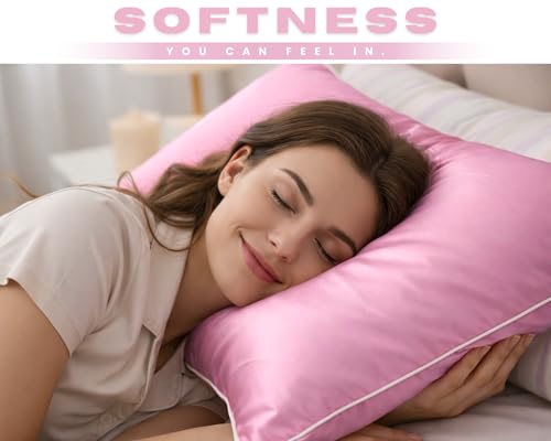 Image of BSB HOME Luxury Satin Silk Pillow Cover | 300 TC Ultra-Smooth Silky Finish | Premium Home Bedding Pillowcase | Soft, Glossy & Skin-Friendly Fabric | 18 x 28 Inches (Blush Pink)