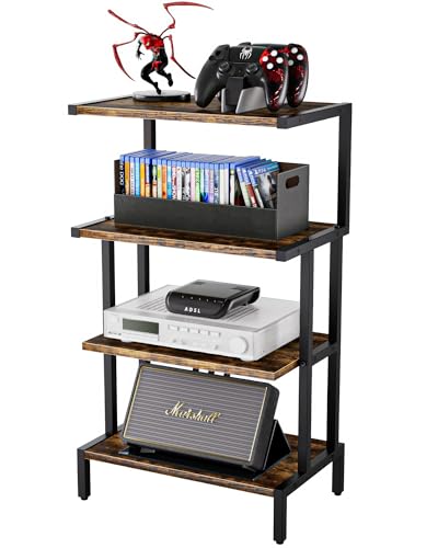 4 Tier Corner AV Media Stand, Stereo Rack, Video Game Console Stand for Living Room Gaming Room Music Studio, Rustic Brown
