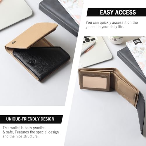 Image of VEMILIO Men's Vegan Leather Wallet for Men | Edge Cut Slim Bi-Fold Gents Purse | Stylish Wallet with Coin Pocket | 3 Card Slots | ID Window & 2 Currency Compartments (Beige & Black)