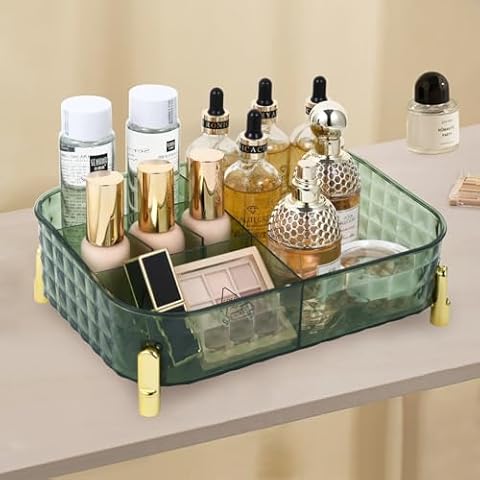 JEESA Makeup Organizer Countertop Bedroom Vanity Clear Skincare Organizer Cute Cosmetic Display Cases for Perfumes Lipsticks, Green Cover