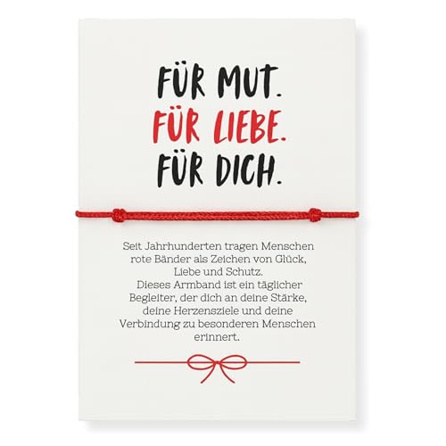 Generisch Glücksarmband Rot mit Karte Für Mut Liebe & Dich Geschenk für Freunde Familie & Partner Rotes Band als Schutz Glücksbringer & Zeichen der Verbundenheit