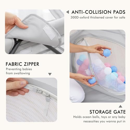 Image of Yobear Foldable Baby Playpen (79 inchx71 inch) - Portable Play Yard for Babies and Toddlers with 50 Ocean Balls, 2 Pull Handles & Carry Bag - Easy Setup Safe Indoor Outdoor Kids Activity Center (Grey)