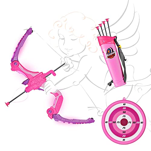 Sainsmart Jr. Kids Bow And Arrows, Light Up Archery Set For Kids Outdoor Hunting Game With 5 Durable Suction Cup Arrows, Luminous Bow And Sighting Device,Pink #TOP4