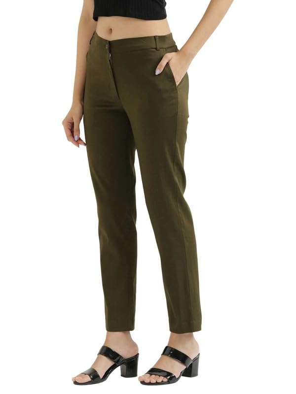 Image of SAADAA Women Pants Formal Straight Fit Cotton Satin Lycra Pant, Regular Fit Trouser for Office Work & Casual wear- Mid Rise, Elasticated Waistband, 4 Deep Pockets
