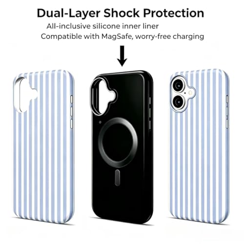 Image of for iPhone 17 Case Cute Phone Case,Compatible with MagSafe,Dual Layer Shockproof Protective Phone Cover,Hard Shell + Silicone Cover,Fashion Design for Women Girls,Striped Blue