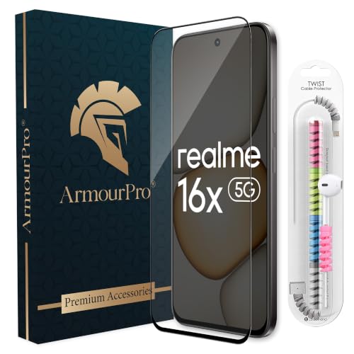 Image of ArmourPro Military-Grade Tempered Glass for Realme 16x - 9H Anti Scratch, Edge-to-Edge Coverage, HD Clarity, Smooth Touch, Case Friendly, Easy Installation Kit with Cable Protector
