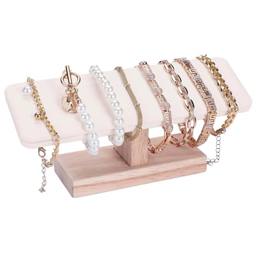 Image of Wooden Watches Display Tower Base Watch Neck Bracelet Organizer Rack Bangle Scrunchie Headband Showcase Tower Beige Suede