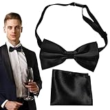 JASOLYI en's Solid Color Pre-tied Bow Tie, with 1pc Handkerchief, Black Bow Tie for Men, Adjustable Tuxedo Two Layer BowTie and Pocket Square for Wedding Party