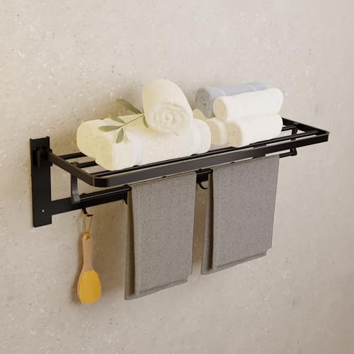 Image of MIORAH 24 Inch Foldable Aluminum Towel Rack for Bathroom - Wall Mounted Double-Tier Towel Holder with Rod & Hooks | Rustproof