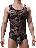 FEOYA Men's Sheer Singlet Bodysuit One Piece See Through Wrestling Bodysuits Suspenders Mesh Leotard Thong Jumpsuit Briefs Black, XL
