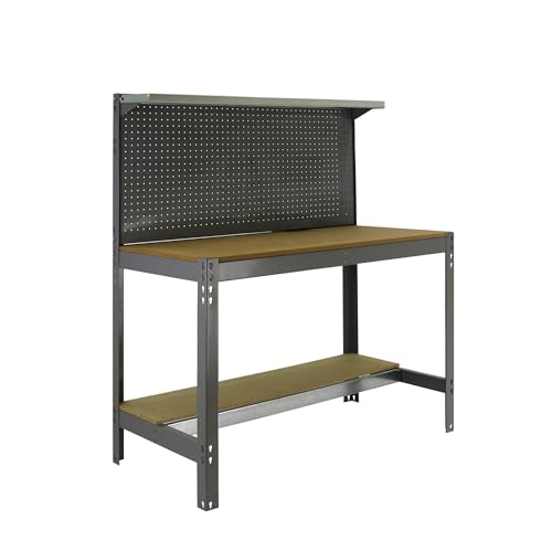 Simon Rack Etabli d’Atelier, Capacité de Charge 400 kg, 1445x910x610 mm, Panneau Perforé avec 1 Étagère, Table de Travail Bricolage, Gris/Bois - BT3