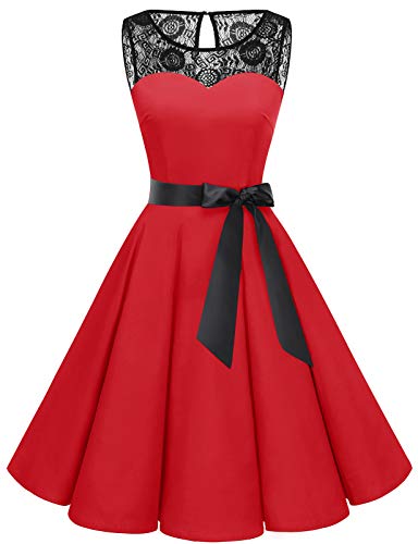 Bbonlinedress Robe Vintage rétro 1950s Audrey Hepburn de Soirée Cocktail années 50s Rockabilly avec Dentelle Red 2XL