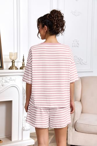 Image of Ythomm Striped Pajamas Shorts Sets Women 2 Piece Lounge Outfits Short Sleeve Tees Drawstring Shorts Summer Matching Pj Sets