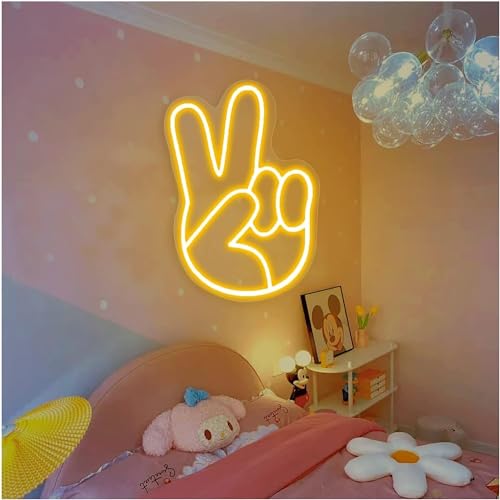 Image of WaiDXn LED Light Advertisement Victory Gesture Neon Light Signs LED Dimmable Peace Finger Wall Sign,28x41cm(Yellow)