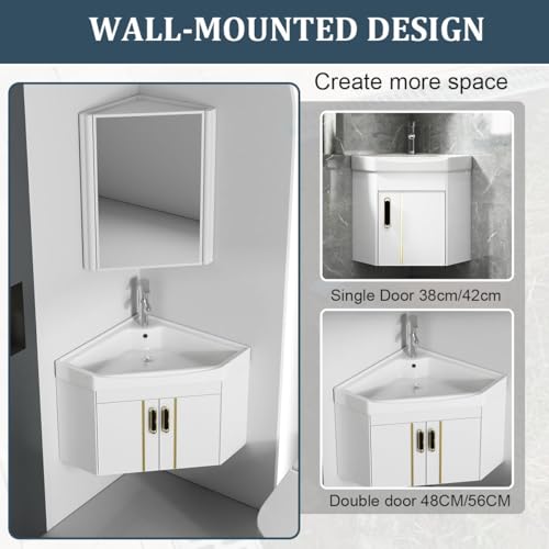 Vani de baño esquinero con fregadero y espejo, armario de pared que ahorra espacio, juego Clete con grifo y accesorios para baños pequeños (blanco, 56 cm)