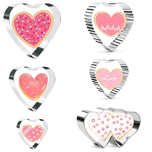 Kaishane Valentine's Day Cookie Cutters Set 6 Pieces Heart Cookie Cutters Bisucit Cutter - Heart, Double Heart, Center Of Circle & Wavy Heart Stainless Steel #TOP8