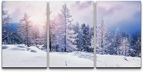 wall26 Canvas Print Wall Art Set Snow Covered Winter Mountain Forest at Dawn Nature Wilderness Photography Realism Rustic Colorful Multicolor for Living Room, Bedroom, Office - 16"x24"x3 Panels